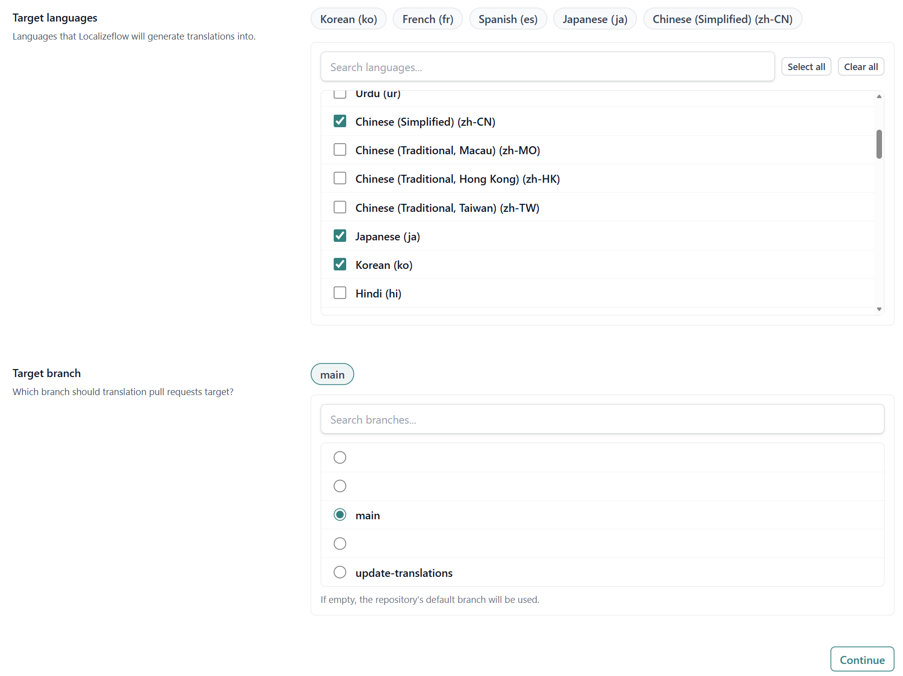 Step 1 β Select languages and target branch