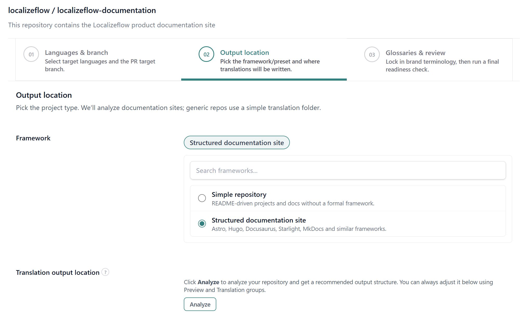 Step 2 β Choose documentation site mode